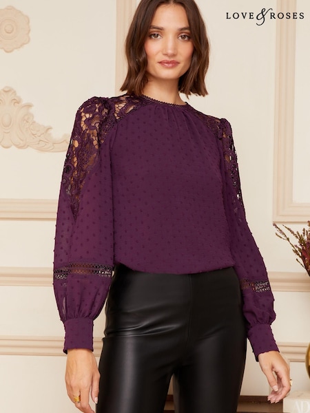 Love & Roses Berry Red Long Sleeve Lace Dobby Spot Mix Blouse (K23104) | €17