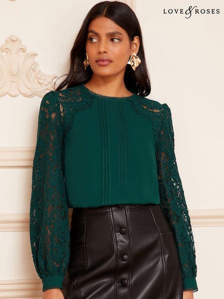 Love & Roses Green Tie Back Long Sleeve Lace Blouse (K23107) | €27