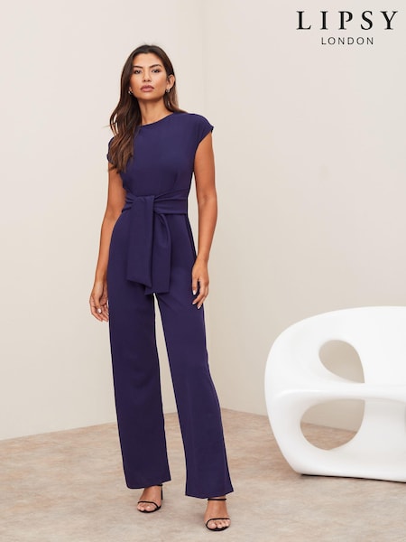 Lipsy Navy Petite Cap Sleeve Tie Front Jumpsuit (K23348) | 110 QAR