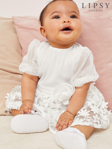 Lipsy Ivory Baby Sequin Embroidered Skirt Occasion Dress (K24155) | €23 - €24