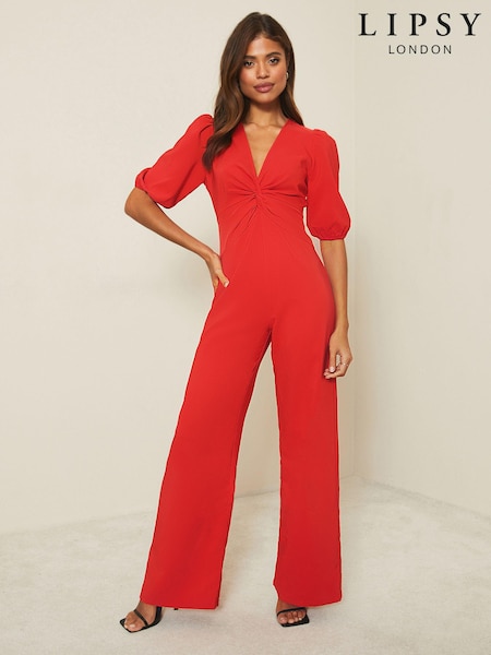 Lipsy Red Knot Puff Sleeve Jumpsuit (K24740) | 233 QAR