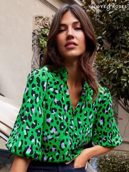 Love & Roses Green Animal Embroidered V Neck 3/4 Sleeve Blouse (K25021) | €16