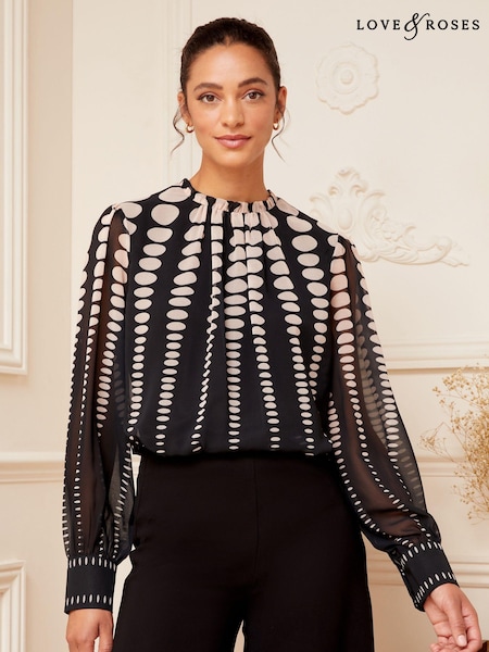 Love & Roses Black Petite Printed Ruched High Neck Long Sleeve Chiffon Blouse (K25353) | €30