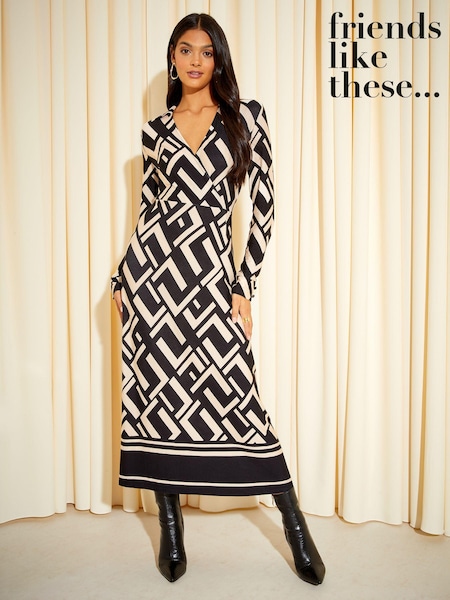 Friends Like These Black/White Long Sleeve Jersey Wrap Midi Dress (K25851) | €28