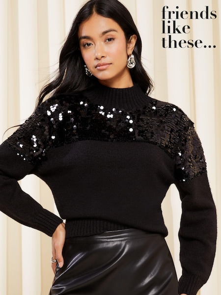 Friends Like These Black Knitted Sequin Yoke Jumper (K25900) | €25