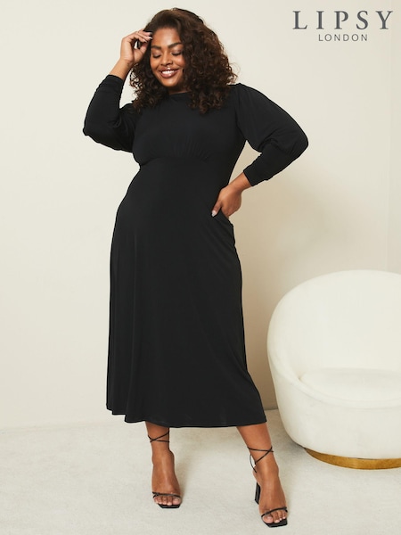 Lipsy Black Curve Jersey Long Puff Sleeve Midi Dress (K25945) | €36