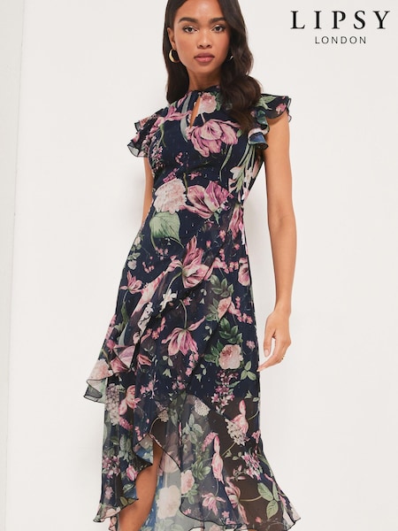 Lipsy Printed Navy Printed Keyhole Ruffle Fit and Flare Midi Dress (K26038) | €37