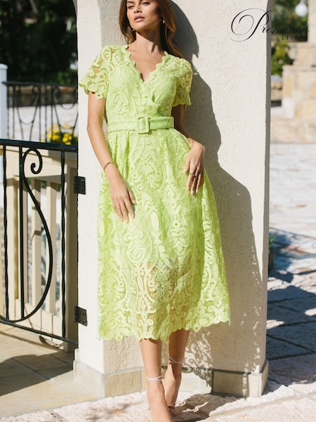 Lipsy Premium V Neck Belted Lace Short Puff Sleeve Midi Dress (K26266) | €81