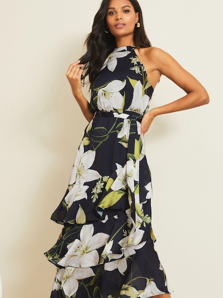 Lipsy Black Petite Printed Tiered Halter Midi Dress (K26399) | € 59