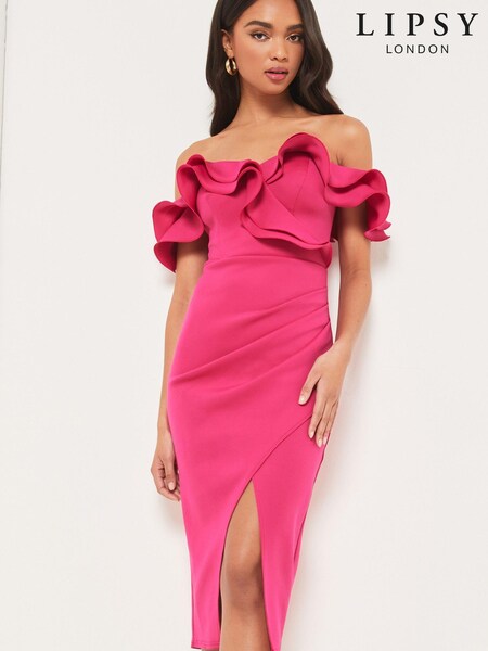 Lipsy Pink Petite Ruffle Bardot Midi Dress (K26497) | €43