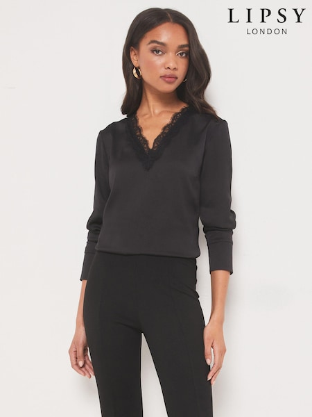 Lipsy Black Lace Trim Satin V Neck Top (K26877) | €17