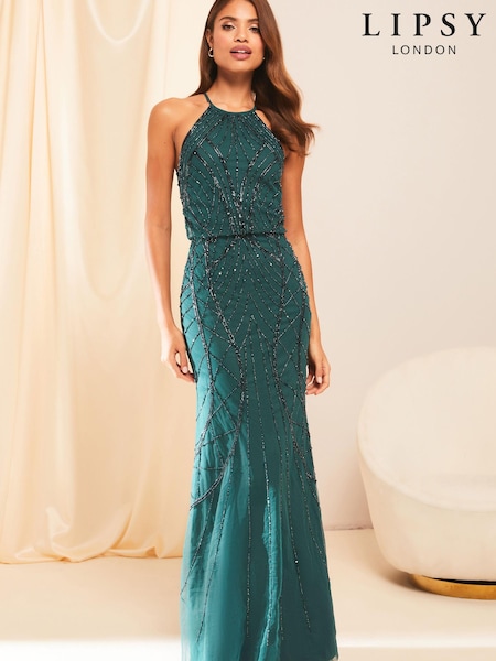 Lipsy Forrest Green Kate Hand Embellished Sequin Halter Bridesmaid Maxi Dress (K29692) | € 99