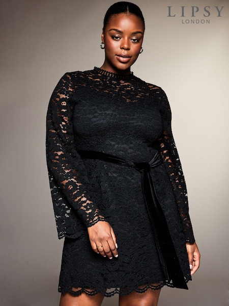 Lipsy Black Curve Long Sleeve Lace Detail Shift Mini Dress (K29982) | €39