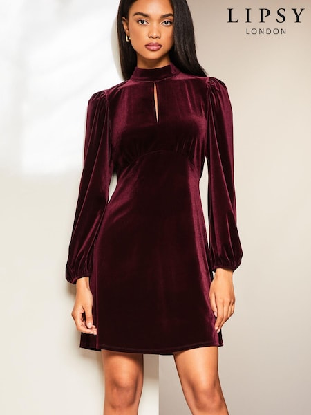 Lipsy Berry Red Velvet Long Sleeve High Neck Key Hole Mini Dress (K30005) | €20