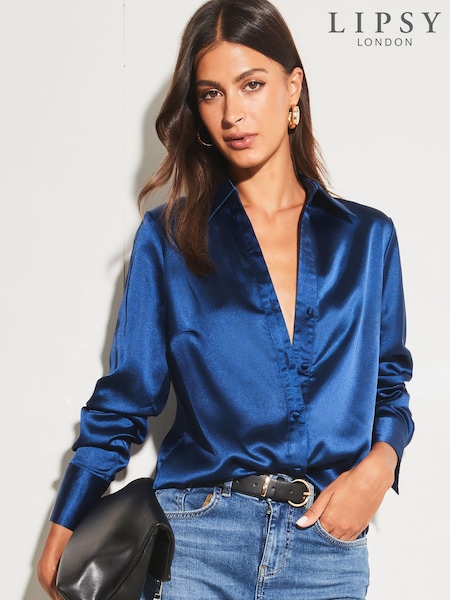 Lipsy Navy Blue Satin Button Through Shirt (K30192) | €10