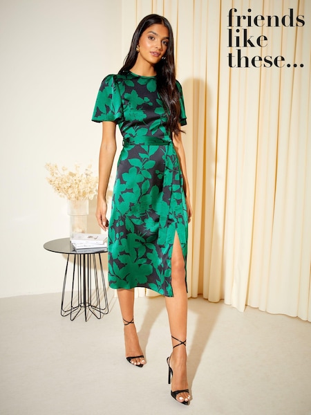 Friends Like These Dark Green Floral Petite Flutter Sleeve Printed Satin Midi Summer Dress (K30876) | €33