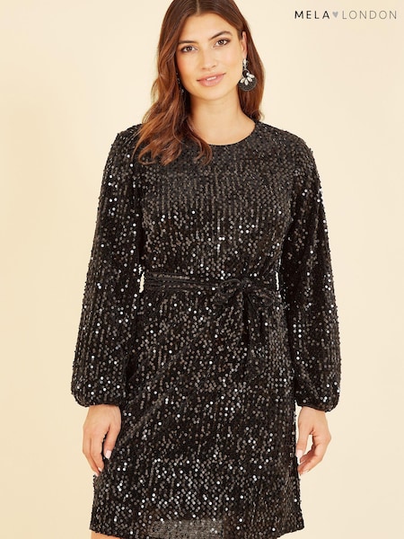 Mela Black Sequin Belted Dress (K31854) | €31