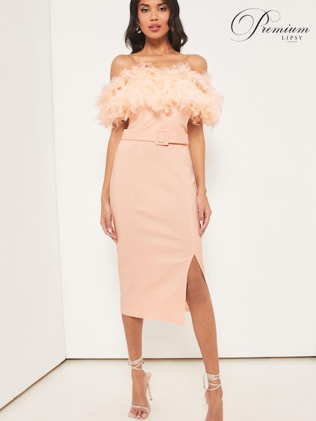 Lipsy Nude Premium Feather Belted Bardot Dress (K33350) | €66