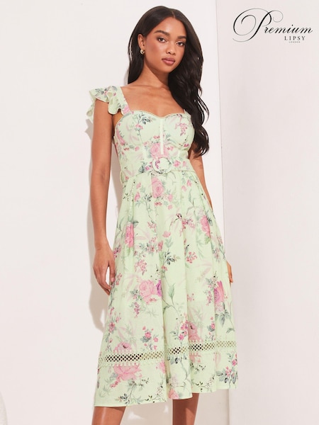 Lipsy Premium Printed Corset Ruffle Strap Midi Dress (K33363) | €65