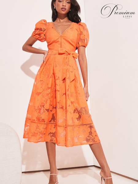 Lipsy Orange Petite Premium V Neck Belted Lace Short Puff Sleeve Midi Dress (K33364) | €68