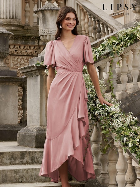 Lipsy Pink Flutter Sleeve Wrap Front Bridesmaid Maxi Dress (K33733) | €30