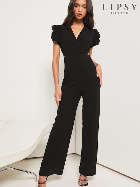 Lipsy Black Summer Puff Sleeve Cut Out Jumpsuit (K33764) | €28