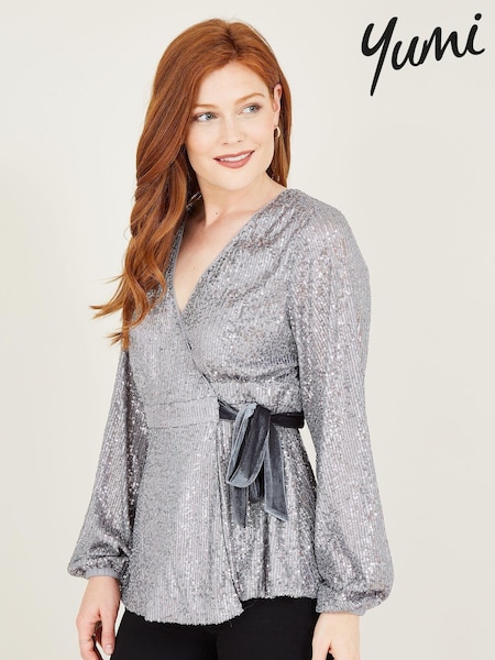 Серебряный - Yumi Sequin Wrap Top (K33879) | €26