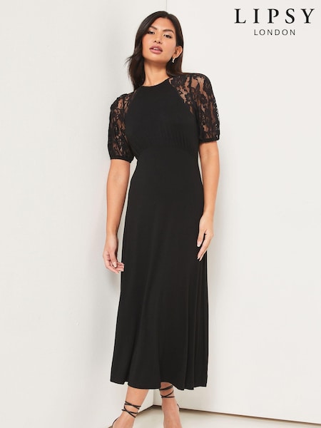 Lipsy Black Lace Jersey Puff Short Sleeve Underbust Midi Dress (K34575) | €12