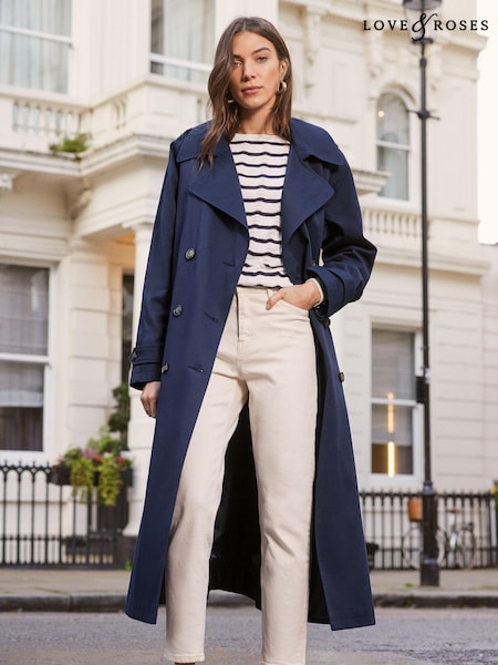 Bleumarin albastru - Trenci clasic Love & Roses Cu curea (K34886) | 315 LEI