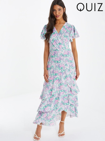 Quiz Pink & Green Floral Smudge Print Frill Maxi Dress (K35076) | €31