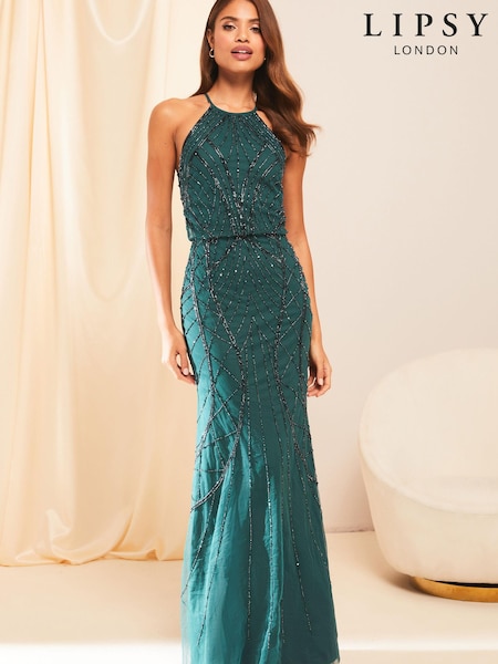 Lipsy Forrest Green Petite Kate Hand Embellished Sequin Halter Bridesmaid Maxi Dress (K35418) | €27