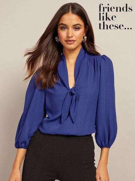 Friends Like These Blue V Neck Bow Front 3/4 Sleeve Blouse (K35621) | €11