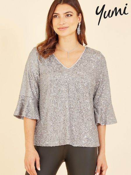 Yumi Silver Sequin Flute Sleeve Top (K35953) | €25
