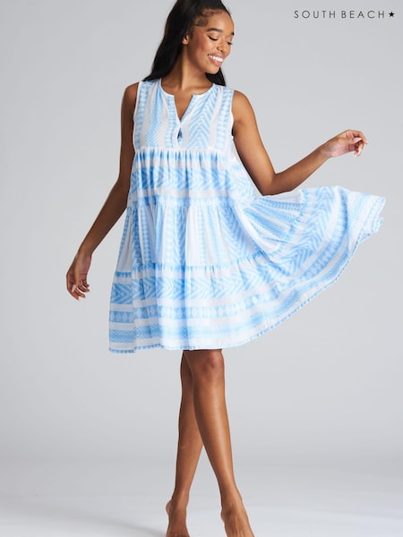 South Beach Blue Jacquard Sleevelsss Summer Dress (K36063) | €26
