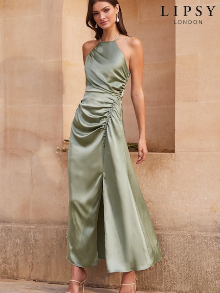 Lipsy Green Ciara Satin Split Halter Bridesmaid Maxi Dress (K36921) | €20
