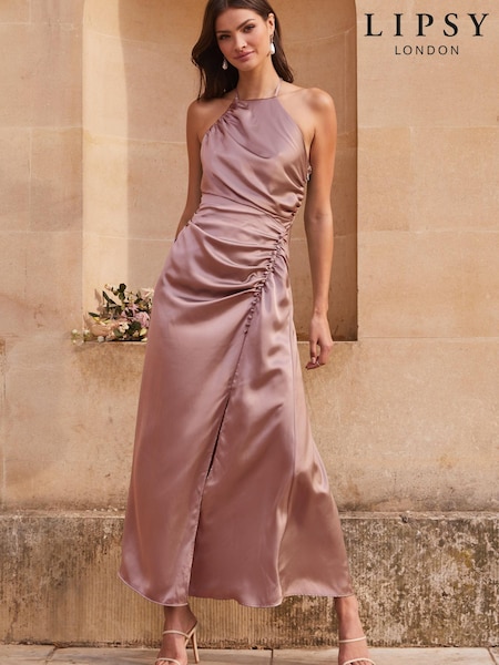 Lipsy Pink Ciara Satin Split Halter Bridesmaid Dress (K36923) | €45