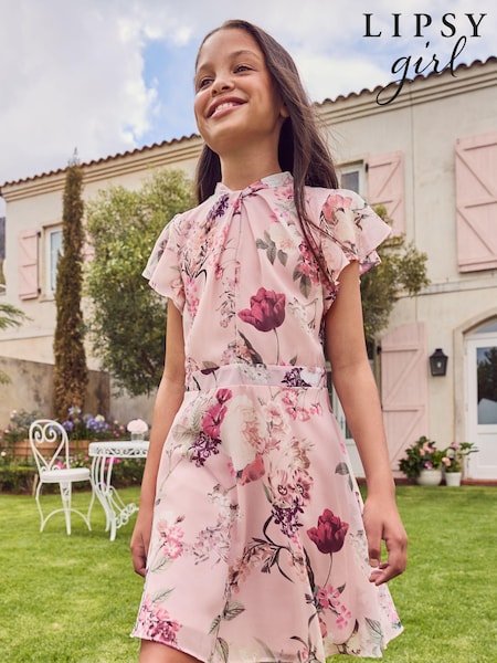 Lipsy Pink Chiffon Occasion Twist Neck Flutter Sleeve Dress (K37190) | € 19 - € 24