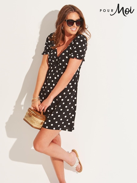 Negru - Pour Moi Shirred Back Puff Sleeve Mini Beach Dress (K37367) | 125 LEI