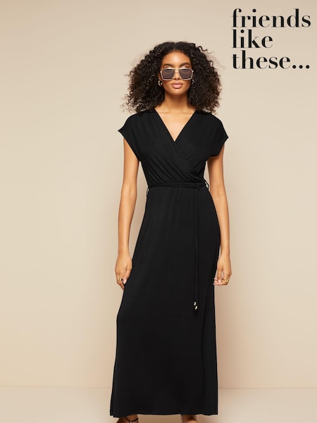 Friends Like These Black Short Sleeve Wrap V Neck Tie Waist Summer Maxi Dress (K37485) | €24