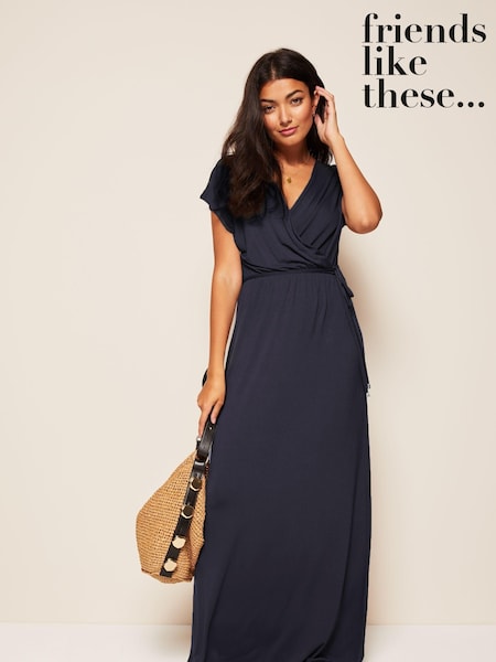 Friends Like These Navy Blue Short Sleeve Wrap V Neck Tie Waist Summer Maxi Dress (K37486) | €24
