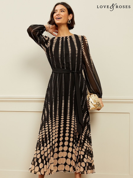 Love & Roses Mono Spot Printed Belted Pleated Long Sleeve Midi Dress (K38195) | €25