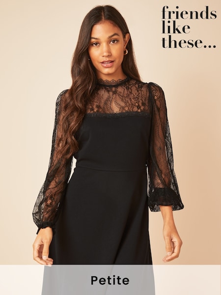 Friends Like These Black Lace Petite Lace Yoke Mini Long Sleeve Dress (K38622) | €22.50