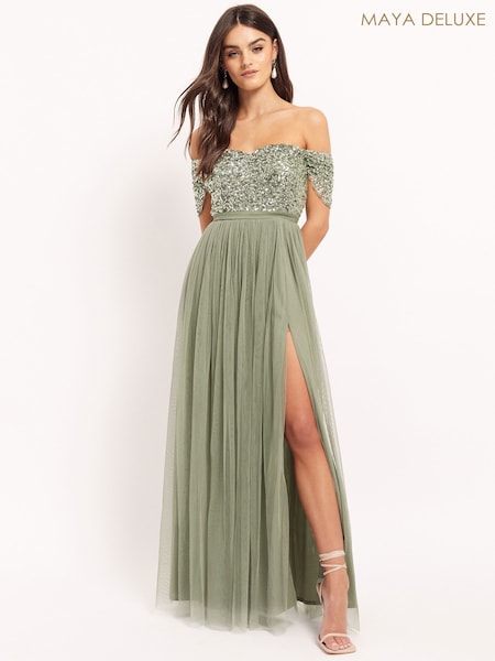 Maya Sage Green Bardot Delicate Sequin Tulle Maxi Dress with Split (K38643) | €52