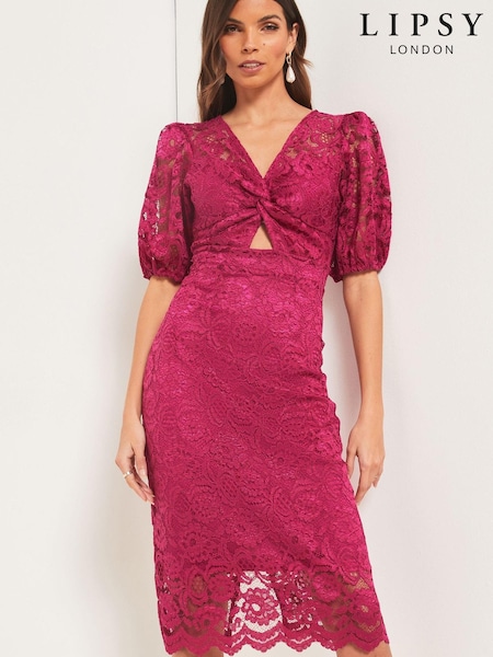 Lipsy Pink Lace Puff Sleeve Cut Out Midi Dress (K38819) | €36