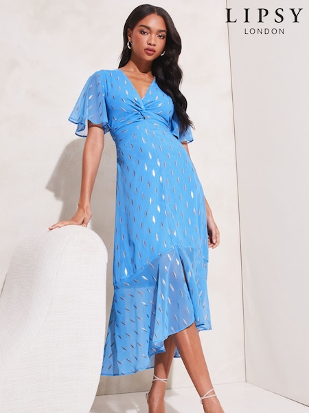 Lipsy Blue Flutter Sleeve Knot Front V Neck Metallic Midi Dress (K38823) | €35