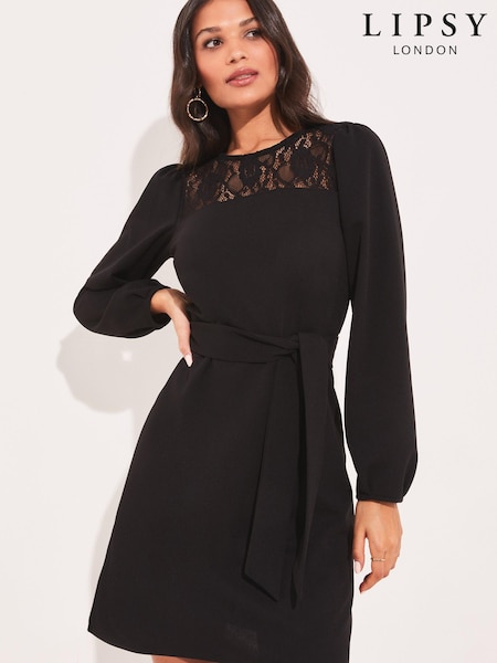 Lipsy Black Lace Long Sleeve Round Neck Tie Waist Shift Dress (K39295) | €27