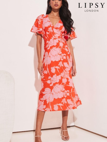 Lipsy Orange / Red Floral V Neck Flutter Sleeve Wrap Waist Tie Midi Dress (K39312) | €29