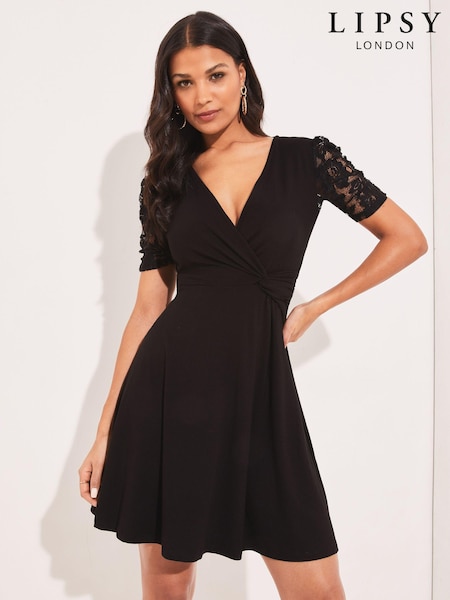 Lipsy Black Lace Petite Jersey Knot Front Mini Skater Dress (K39336) | € 14