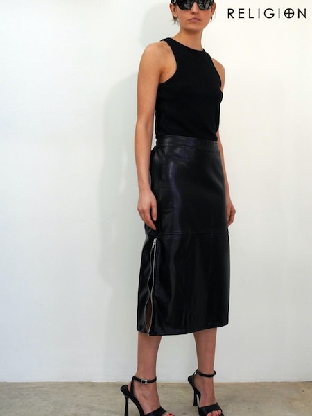Religion Black Faux Leather Pencil Skirt With Side Zip Detail (K39368) | 123 QAR