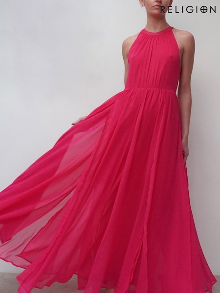 Religion Hot Pink Dusk Halter Neck Maxi Dress With Full Skirt (K39370) | €61